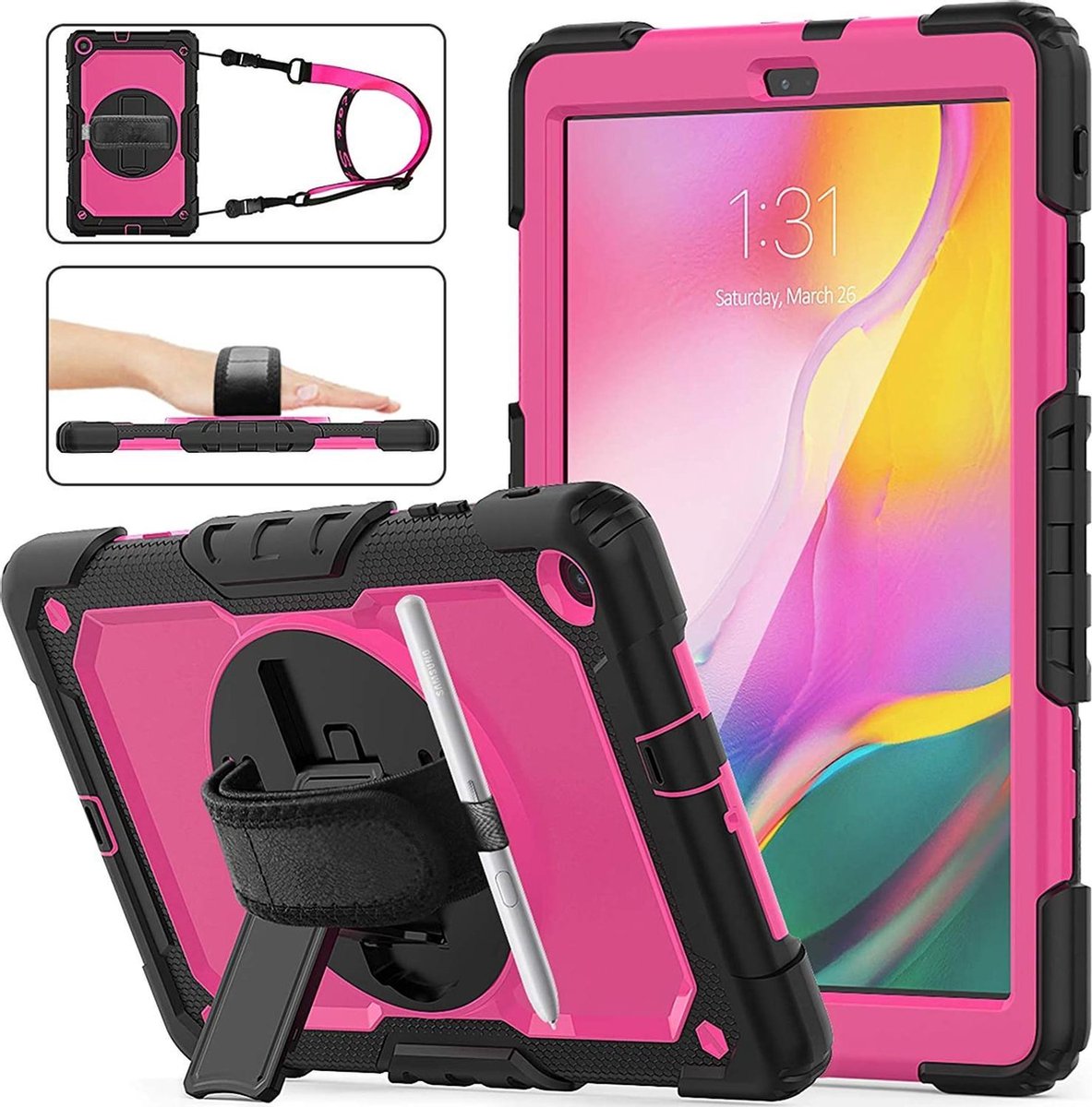 Dasaja Samsung Galaxy Tab A 10.1 (2019) case met screenprotector, handriem en schouderriem voor Horeca en Bouw Roze