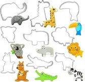 Koekjesdeeg uitsteekvormen - set van 9 stuks met dieren RVS Cookie cutters - Olifant, Giraffe, Toekan, Koala, Neushoorn, Leeuw, Kangaroe, Krokodil en Koe