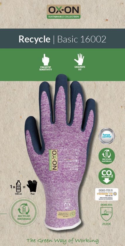 OX-ON Gants de travail Recycle Basic 16002 (Taille de confection: 8, bleu)