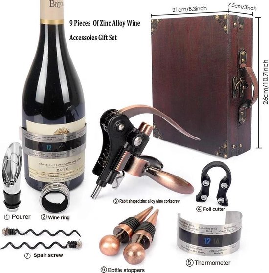 Set d'accessoires pour ouvre- Vin de Luxe 9 en 1 - Set cadeau Vin -  Tire-bouchon 
