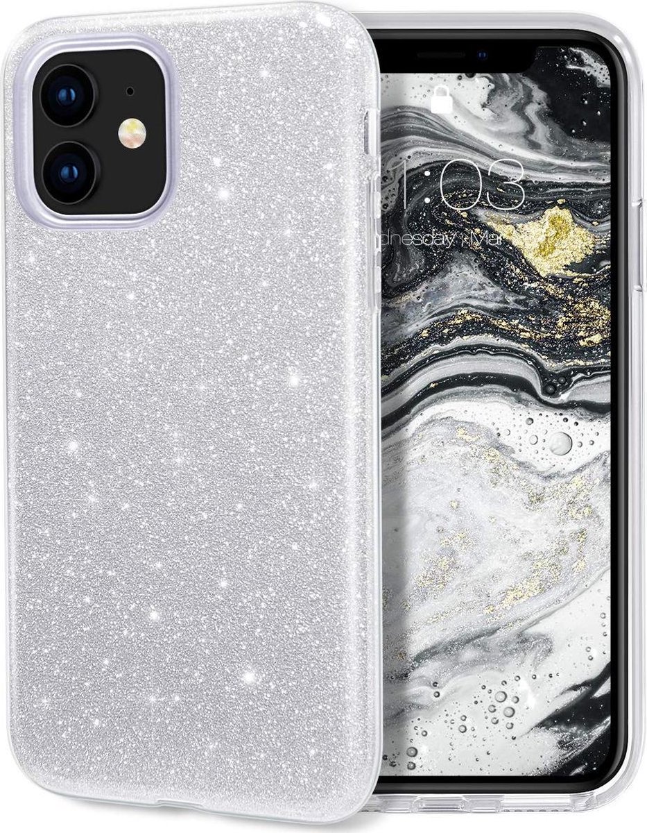 HB Hoesje Geschikt voor Apple iPhone 12 Mini - Zilver - Glitter Back Cover