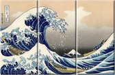 The Great Wave off Kanagawa. 3 Panelen 90x60cm Schilderij Gedrukt op 100% katoen. Uitgerekt Op Frame. Muurhanger geïnstalleerd