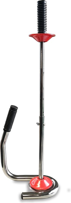 Chromen handwikkelfolie dispenser met rode schijven en zwarte handvatten, staand.