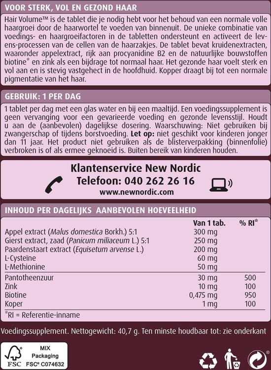 New Nordic Hair Volume – Haargroei en volume – Voedingssupplement met biotine en zink – 30 tabletten - New Nordic