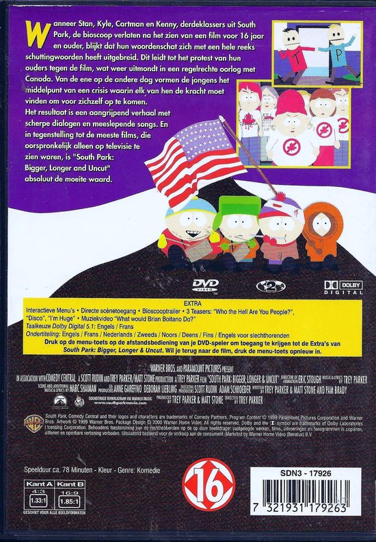Achterkant van de "South Park: Bigger, Longer & Uncut" DVD. Vier South Park-personages staan voor een Amerikaanse vlag. De tekst is in het Nederlands.