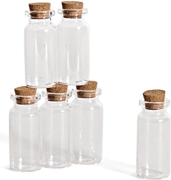 12x Kleine transparante glazen flesjes met kurken dop 10 ml - Hobby set  mini glazen... | bol.com