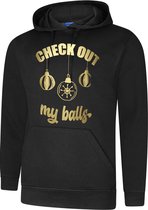 Hooded Sweater - met capuchon - Foute kerst - Kerst trui - Kerst Sweater - Fun Tekst - kerstballen - Goud bedrukt - Check out my balls - Maat XS