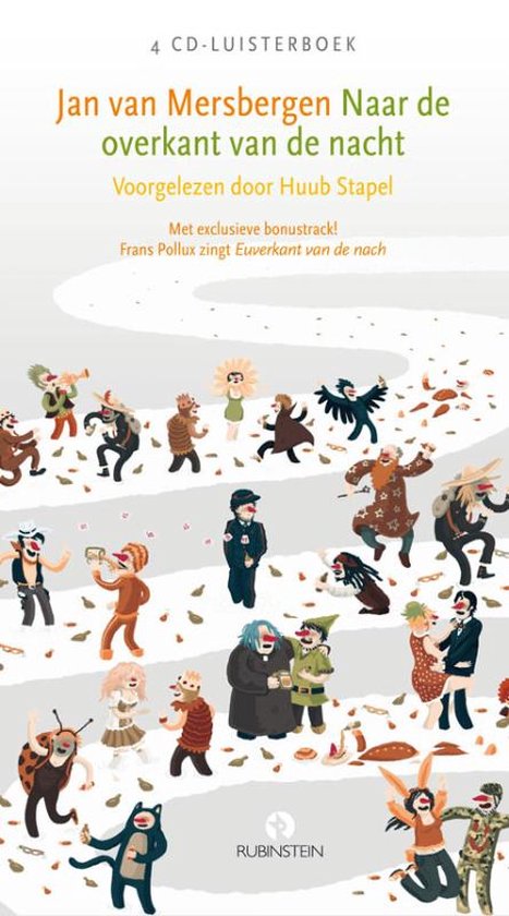 4 CD Luisterboek: Jan van Mersbergen - Naar de overkant van de nacht. Illustratie met carnavalsfiguren op een kronkelige weg met bladeren.