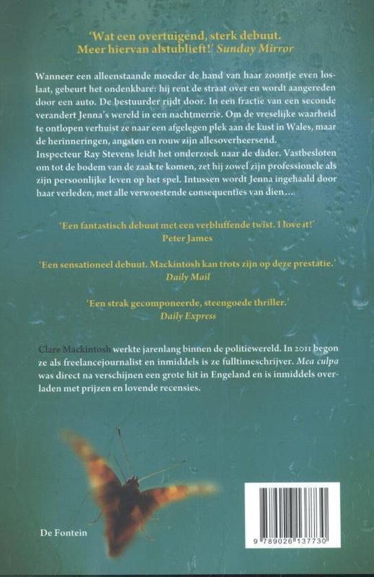 Achterkant boek met citaat en vlinder. De Fontein.