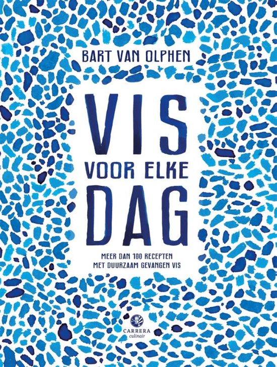 Boek 'Vis voor elke dag' met blauwe en witte mozaïek patronen. De titel is in grote donkere letters.