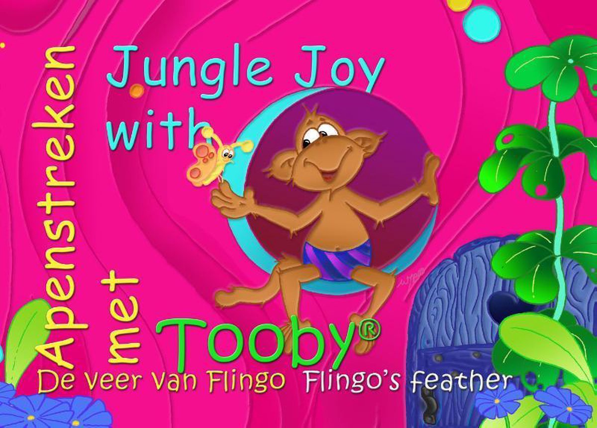 Illustratie van Tooby, een aapje, die lacht en een vlinder vasthoudt. Omringd door jungleplanten en de titel 'Apenstreken met Tooby'.