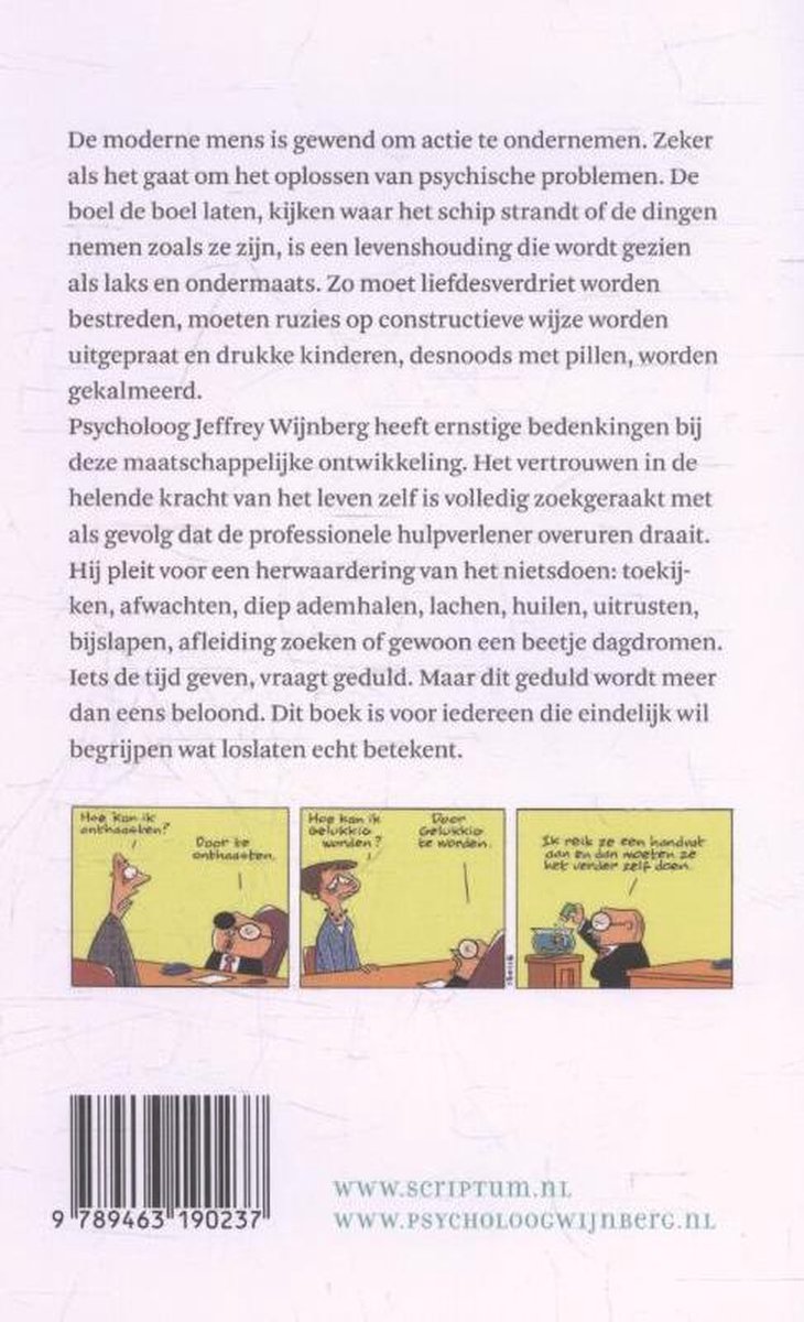 Achterkant van het boek 'De magie van het nietsdoen' met tekst en stripverhaal.