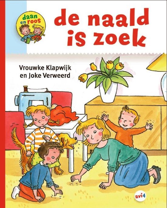 Boek "de naald is zoek" met illustratie van een gezin dat een naald zoekt, met 'Daan en Roos' logo.