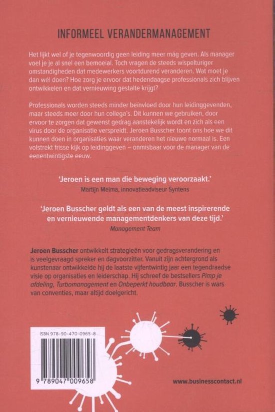 Boek "Informeel verandermanagement" met tekst en een illustratie van virusdeeltjes.