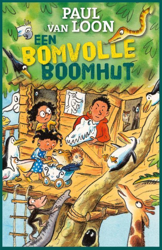 Illustratie van een boomhut met kinderen en dieren. De titel 'Een bomvolle boomhut' is in gele letters.
