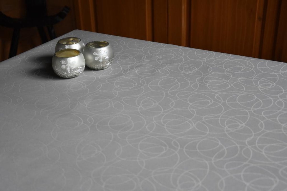 Jacquard Geweven Gecoat Luxe Tafellaken - Tafelzeil - Tafelkleed – Grijs - Lichtgrijs - Cirkels - Rechthoekig - 140 cm x 160 cm