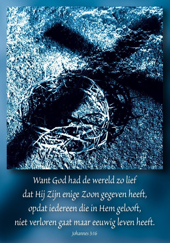 Kroon van doornen op steen met schaduw van een kruis. Tekst: Want God had de wereld zo lief dat Hij Zijn enige Zoon gegeven heeft, opdat iedereen die in Hem gelooft, niet verloren gaat maar eeuwig leven heeft. Johannes 3:16.