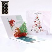 3D popupkaart - Kerstkaart met Grote kerstboom Arrenslee Hertje en Cadeautjes Merry Christmas pop-up wenskaart - Incl. Envelop & 8 Feestelijke sluitzegels - Complete Set