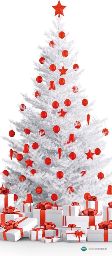 Deursticker Kerstboom wit met rode ballen 85x200