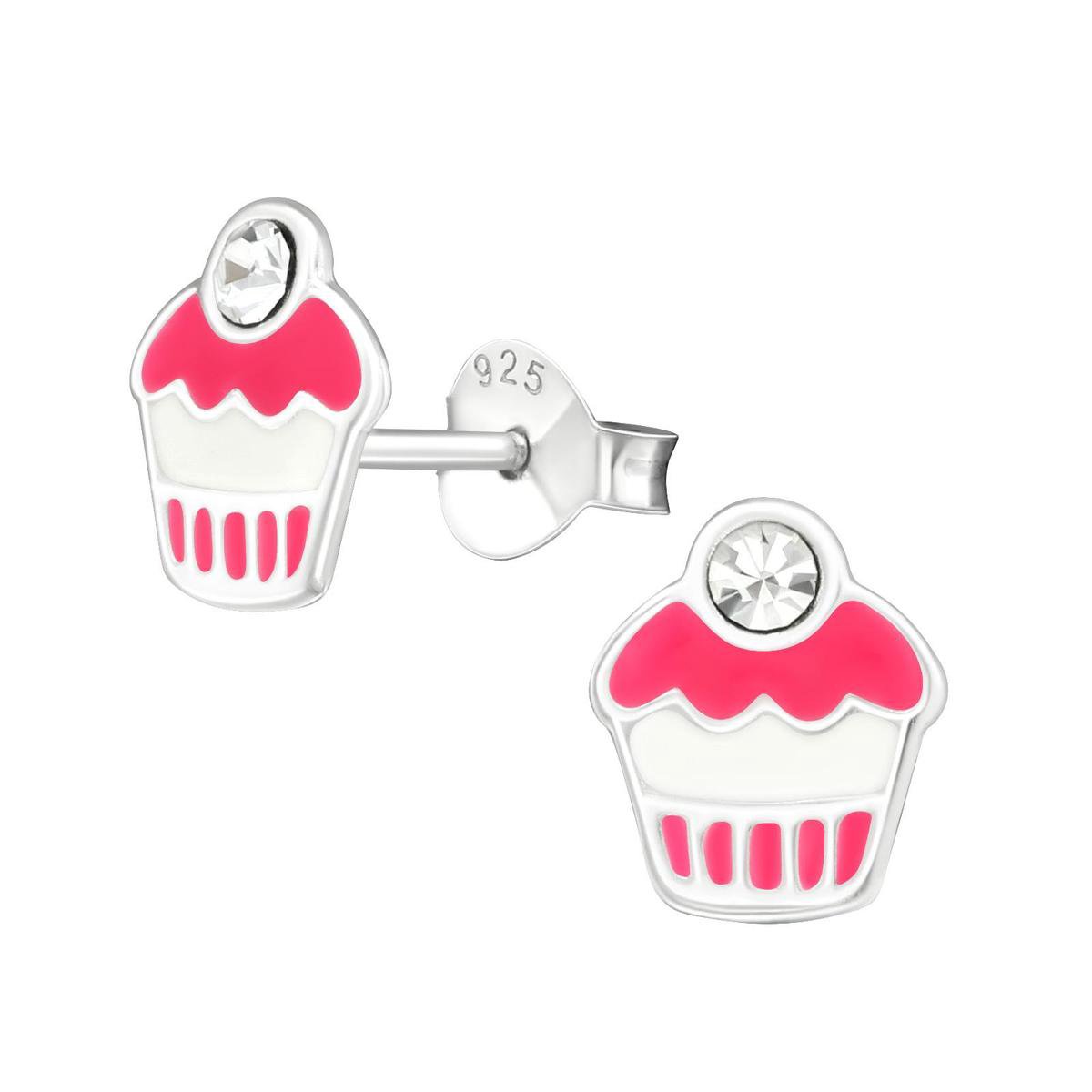 Oorbellen zilveren cupcake roze-witte met kers