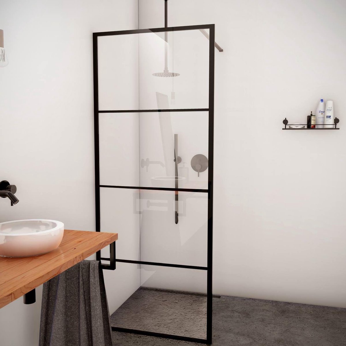 Aqua Vista Triple Zijwand - 70x200 cm - incl. wandbeugel - helder glas - mat zwart