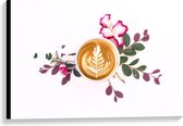 Canvas  - Koffie met Bloemen en Bladeren  - 90x60cm Foto op Canvas Schilderij (Wanddecoratie op Canvas)