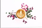 Dibond - Koffie met Bloemen en Bladeren  - 90x60cm Foto op Aluminium (Met Ophangsysteem)