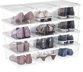 Set van 12 Stuks - Schoenenbox met Deksel - Tot Max. Maat 43 - Stapelbare Opbergdozen - 36 x 22 x 13.5 cm - Wit / Doorschijnend