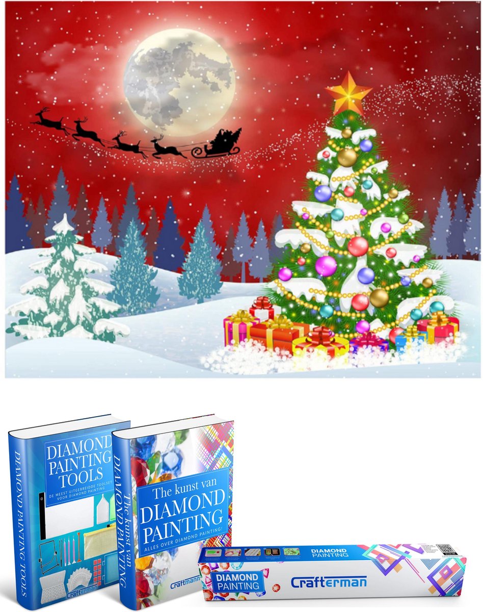 Crafterman™ Diamond Painting Pakket Volwassenen - Kerstman met rendieren en kerstboom en sneeuw - 30x40cm - volledige bedekking - vierkante steentjes - hobby pakket - Met tijdelijk 2 E-Books
