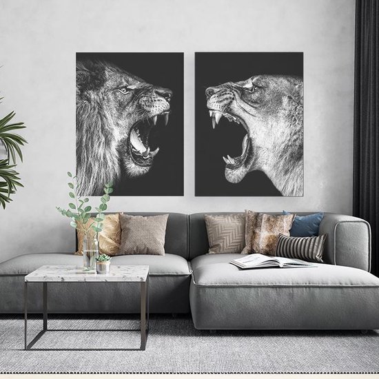 Schilderijen op canvas - Leeuw en Leeuwin - zwart / wit - tweeluik - | PosterGuru