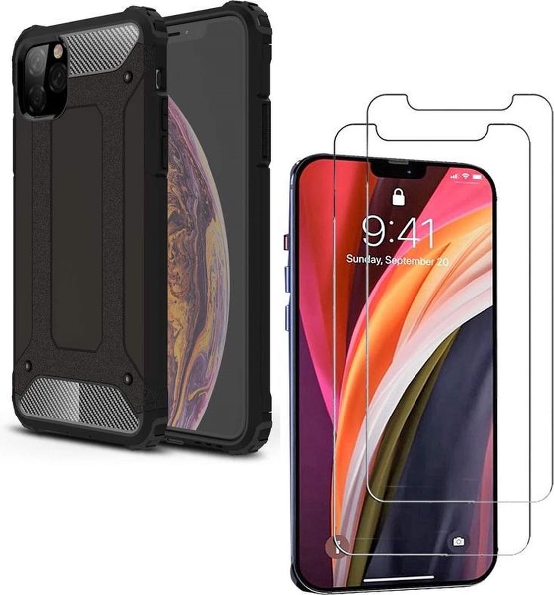 Hoesje Geschikt voor: iPhone 12 Pro Heavy Duty + 2 stuks Tempered Screenprotector - Zwart