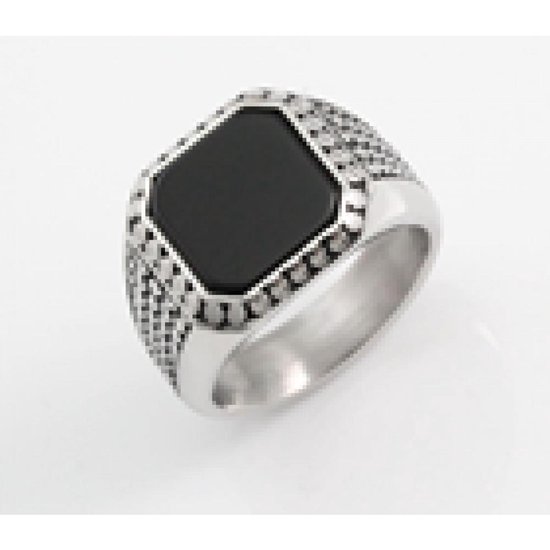 Twice As Nice Ring in edelstaal, zwarte vierkant agaat, staal/zwart 60