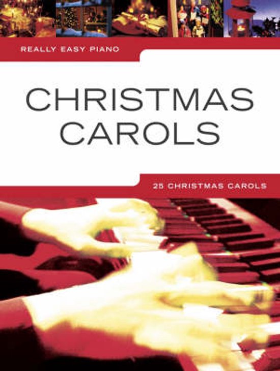 Livre 'Christmas Carols' avec une image de mains jouant du piano.