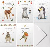 Set van 20 stuks vrolijke kerstkaarten met enveloppen - Nederlandse tekst- 5 winterdieren handgeschilderd - dubbele kaart met vouw op mooi ECO papier - A6 formaat