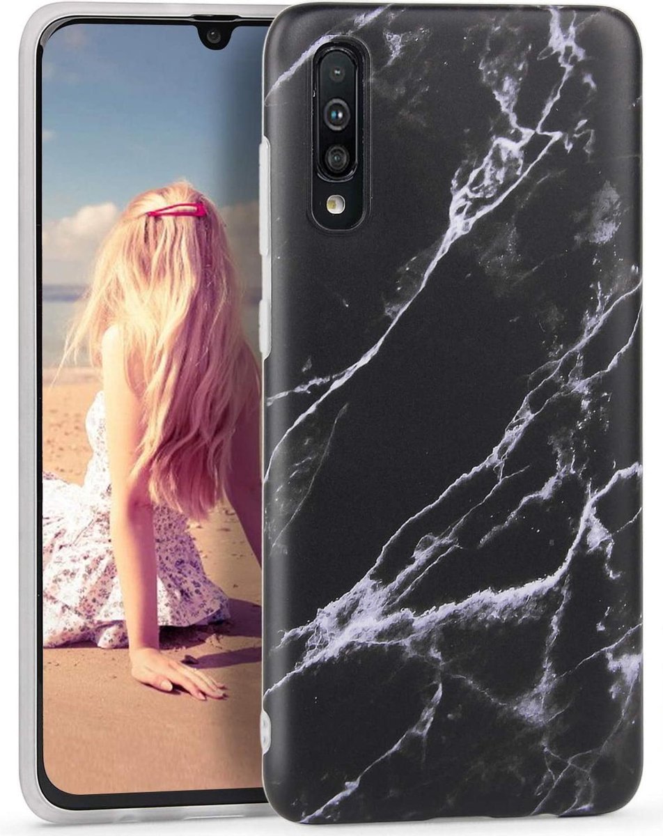 Geschikt voor Samsung Galaxy A70 hoesje - Zwart / Wit - Marmer - Soft TPU