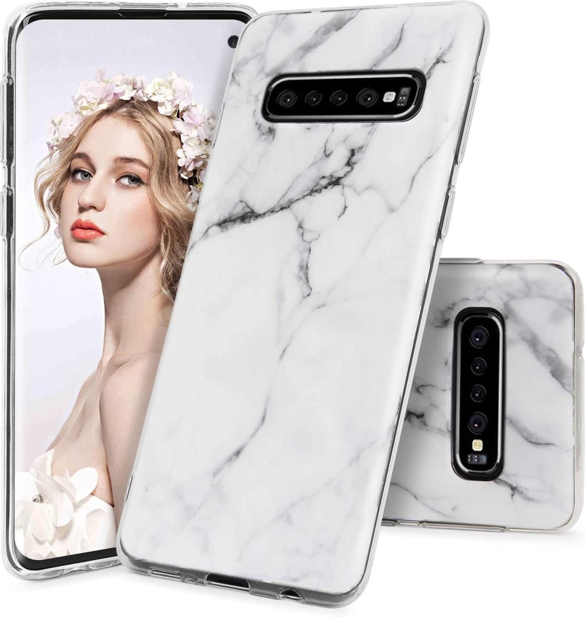 Geschikt voor Samsung Galaxy S10 hoesje - Wit / Zwart - Marmer - Soft TPU