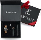Elysian - Horloge Geschenkset Vrouwen - Rose goud mesh horloge geschenkdoos met zwart leren horlogebandje - Roestvrij Staal - Valentijn cadeau dames