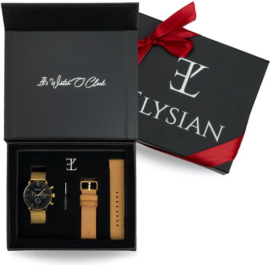 Elysian - Horloge Geschenkset mannen - Gouden mesh horloge geschenkdoos met leren horlogebandje - Roestvrij Staal - Vaderdag Cadeau
