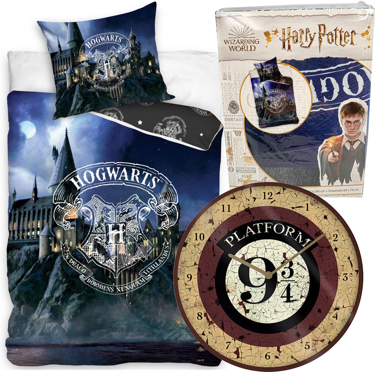 Harry Potter Dekbedovertrek Hogwarts - Eenpersoons - 140 x 200 cm - katoen - Jongens meisjes dekbed - incl. Platvorm 9.3/4 wandklok 25cm