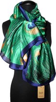 Glanzende dames sjaal in blauw en groen pauwenveren motief zijde gevoel - 90 x 180 cm