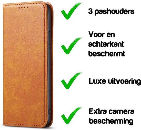 Étui de téléphone brun en cuir avec 3 fentes pour cartes et protection supplémentaire pour appareil photo.