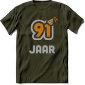 91 Jaar Feest T-Shirt | Goud - Zilver | Grappig Verjaardag Cadeau Shirt | Dames - Heren - Unisex | Tshirt Kleding Kado | - Leger Groen - XXL