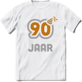 90 Jaar Feest T-Shirt | Goud - Zilver | Grappig Verjaardag Cadeau Shirt | Dames - Heren - Unisex | Tshirt Kleding Kado | - Wit - XL