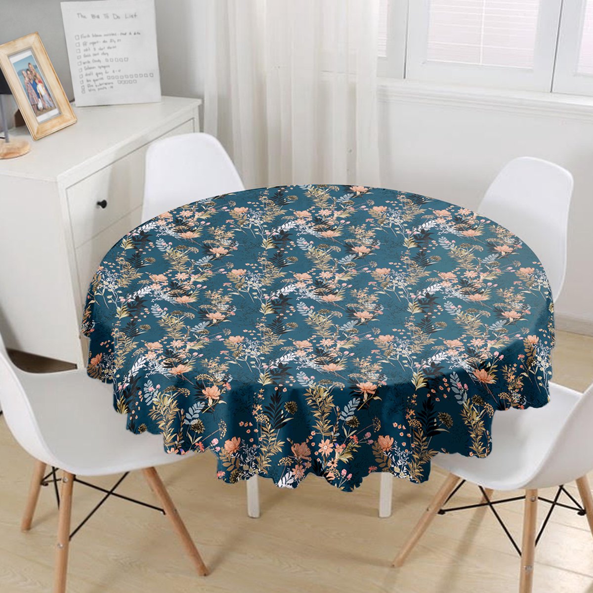 Rond Tafelkleed Ø140cm - De Groen Home - Bloemen op donkerblauw - Bedrukt Velvet Textiel - Tafellake