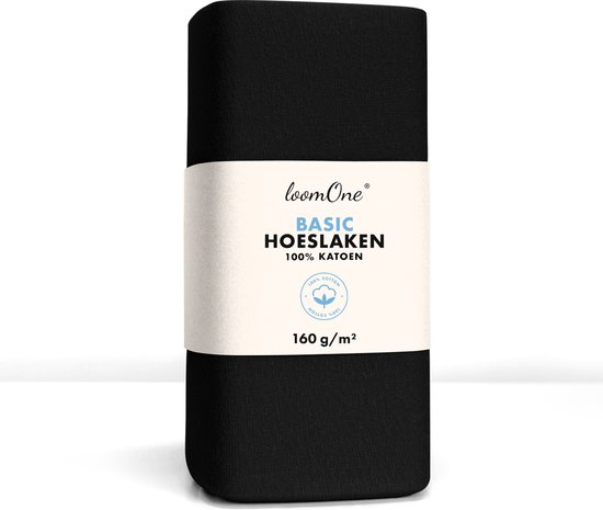 Hoeslaken Loom One – 100% Katoen Jersey – 200x220 cm – épaisseur de matelas jusqu'à 35 cm – 160 g/m² – pour lit à eau Boxspring - Noir