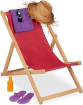 Relaxdays strandstoel hout - 3 standen - inklapbaar - rode ligstoel - relax tuinstoel stof