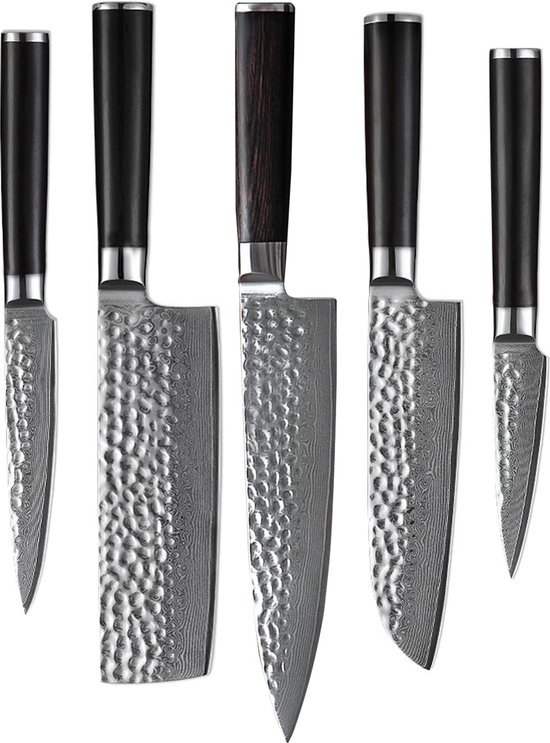 Shinrai Japan - Messenset - 5 delig - Koksmes - Japanse mes - Mes - Hammered Damast BR - Met Luxe Geschenkdoos