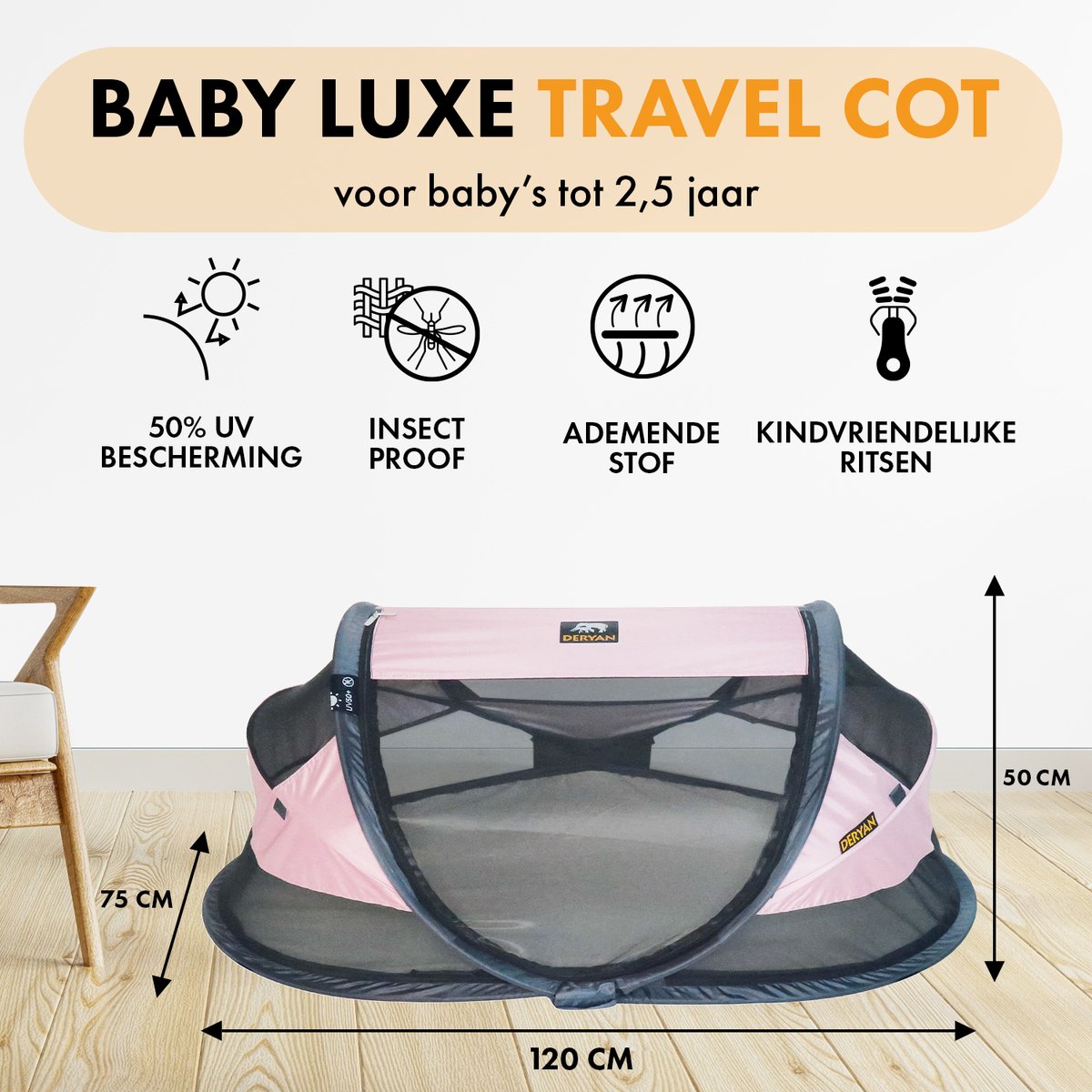 Deryan Baby Luxe reisbed met matras vanaf de geboorte tot 4,5 jaar - Pop Up babybed babytent in 2 Seconden opgezet - incl. klamboe & reistas - 136x84x62cm (Ocean
