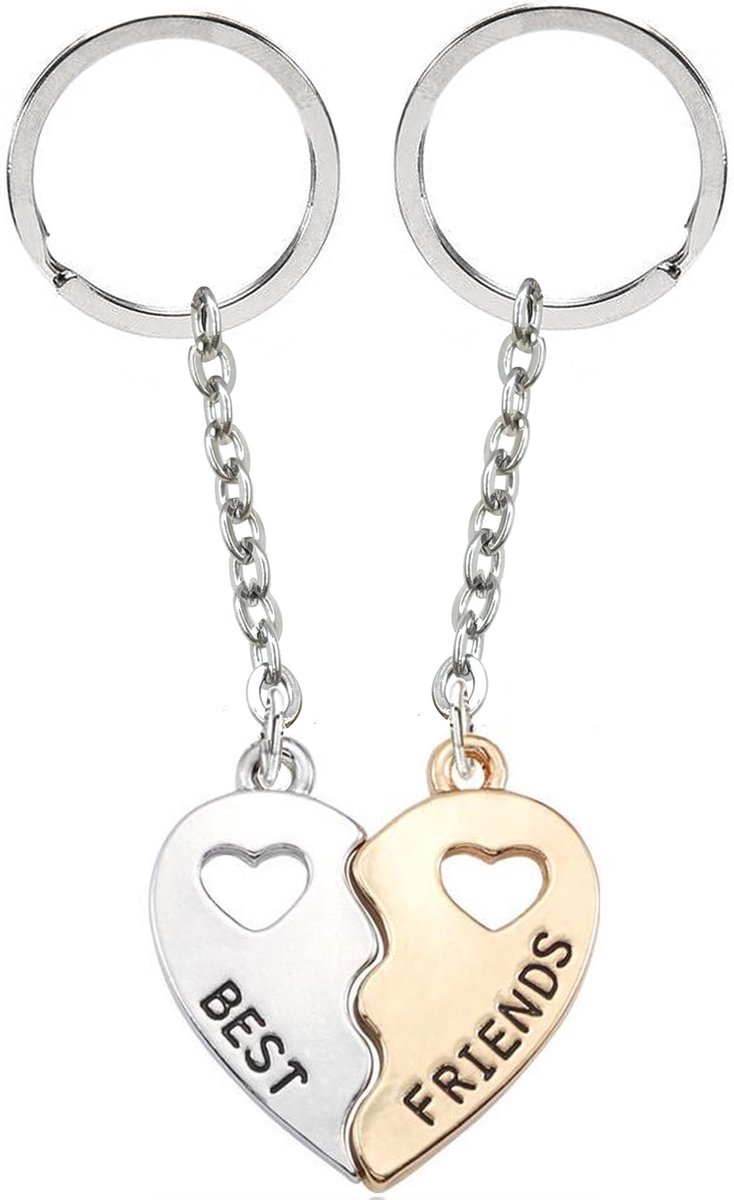 Bixorp Friends Vriendschap Sleutelhanger voor 2 Zilver & Goudkleurig Hartje - Roestvrij staal / Stainless Steel - Sleutelhanger Liefde - Best Friends BFF Cadeau Meisjes & Kinderen