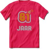 81 Jaar Feest T-Shirt | Goud - Zilver | Grappig Verjaardag Cadeau Shirt | Dames - Heren - Unisex | Tshirt Kleding Kado | - Roze - L